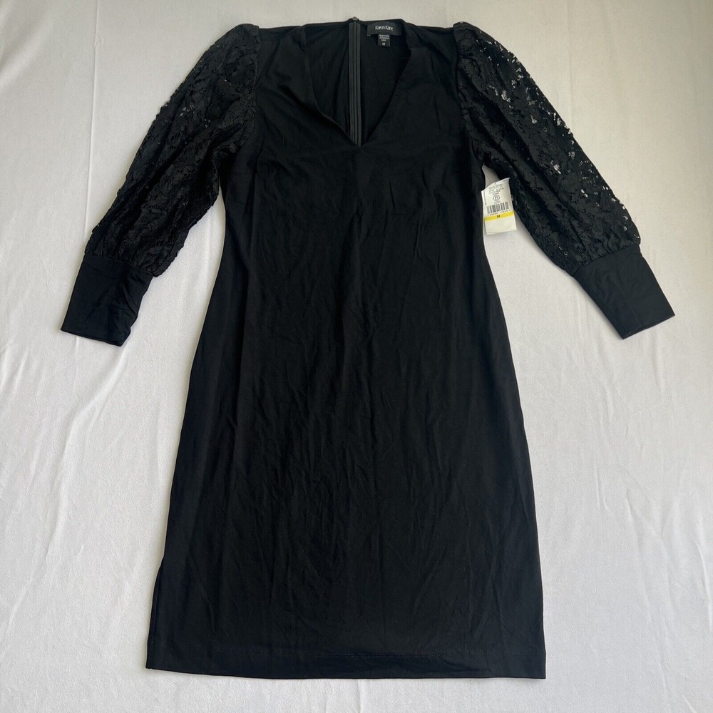 Karen Kane Shift Midi Dress Size Medium Black V Neck Lace Sleeve Long Sleeve NEW